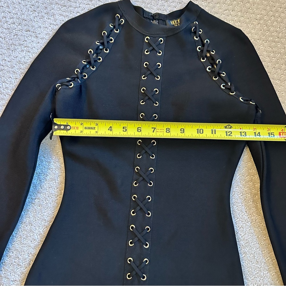 Hera Collection Black Lace Up Bodycon Mini Dress Gold Grommet Long Sleeve | S - Picture 7 of 9